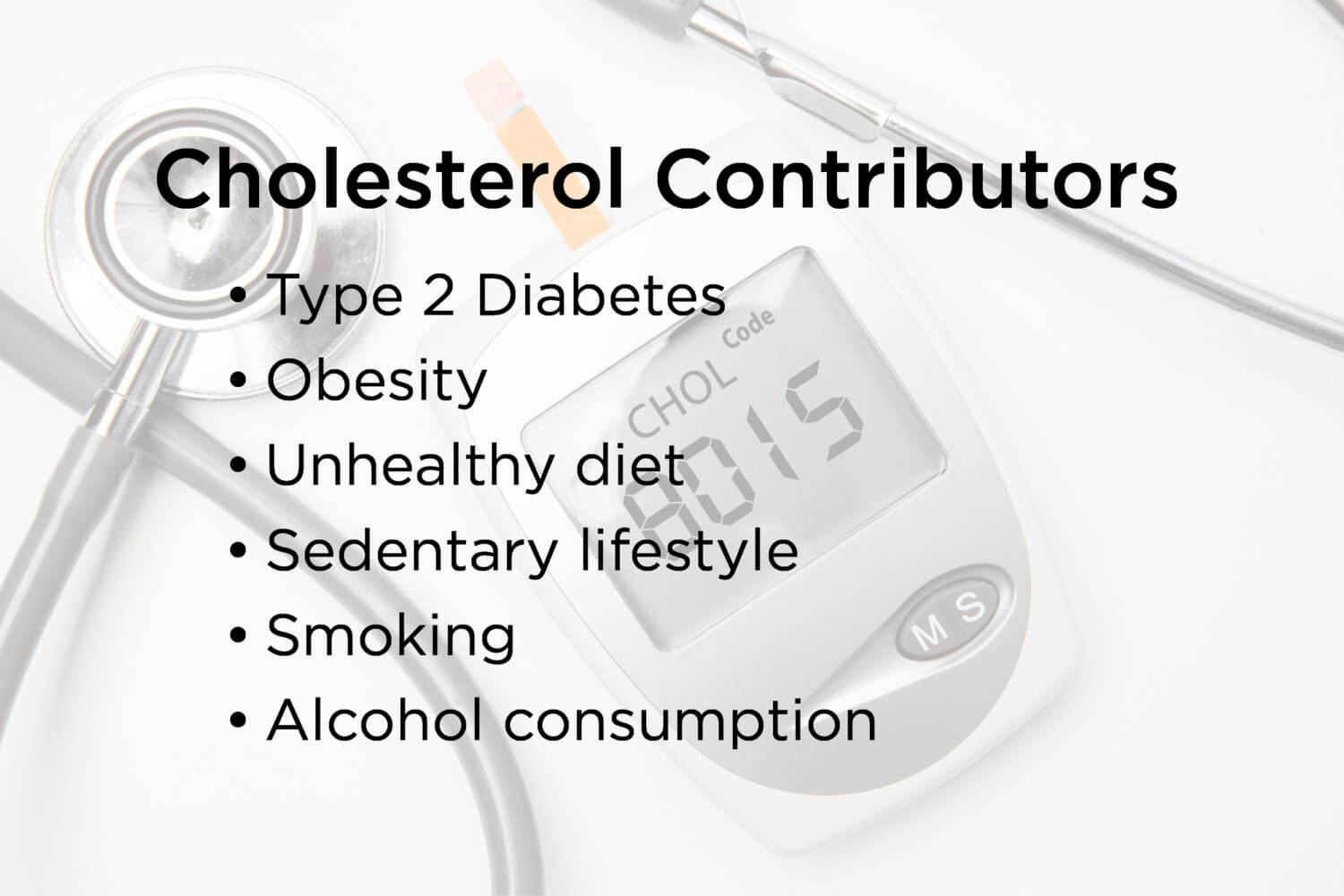 Elenco dei fattori che contribuiscono al colesterolo alto sopra l'immagine del misuratore di colesterolo e dello stetoscopio