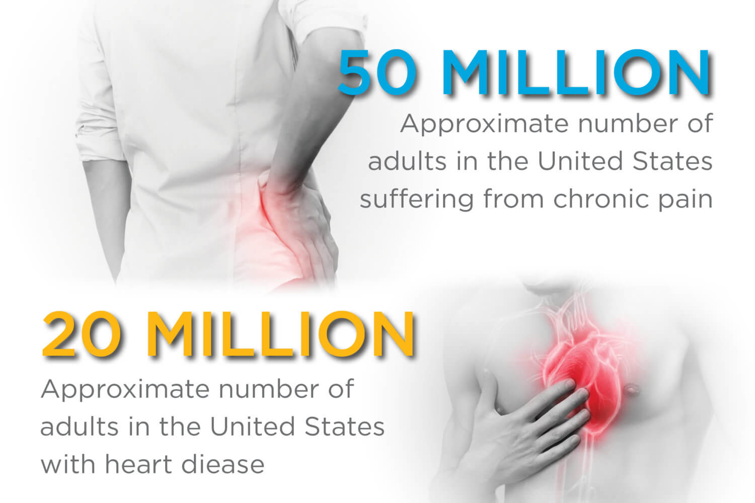 Statistiche sulla prevalenza del dolore cronico e delle malattie cardiache negli americani su immagini di una donna che si tiene l'anca dolorante e di un uomo che tiene il petto con un cuore rosso incandescente 